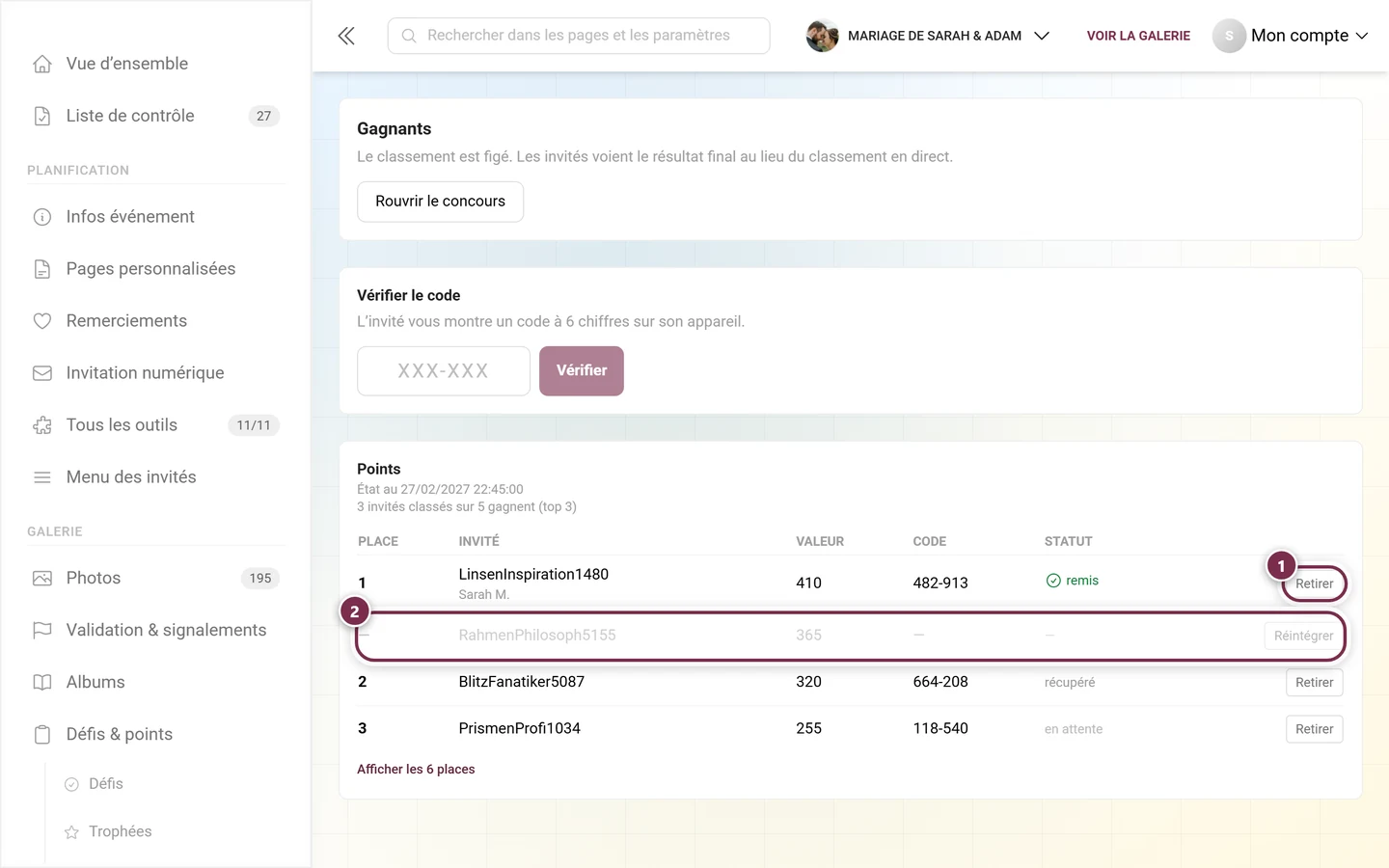 Tableau avec une ligne retirée, grisée, et le bouton Réintégrer