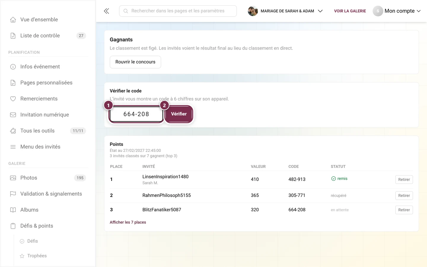 Le champ Vérifier le code avec un code saisi et le bouton Vérifier