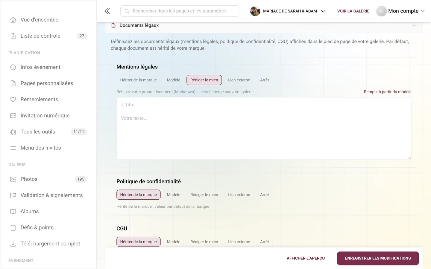 Carte Mentions légales en mode Rédiger le mien avec un grand champ de texte Markdown