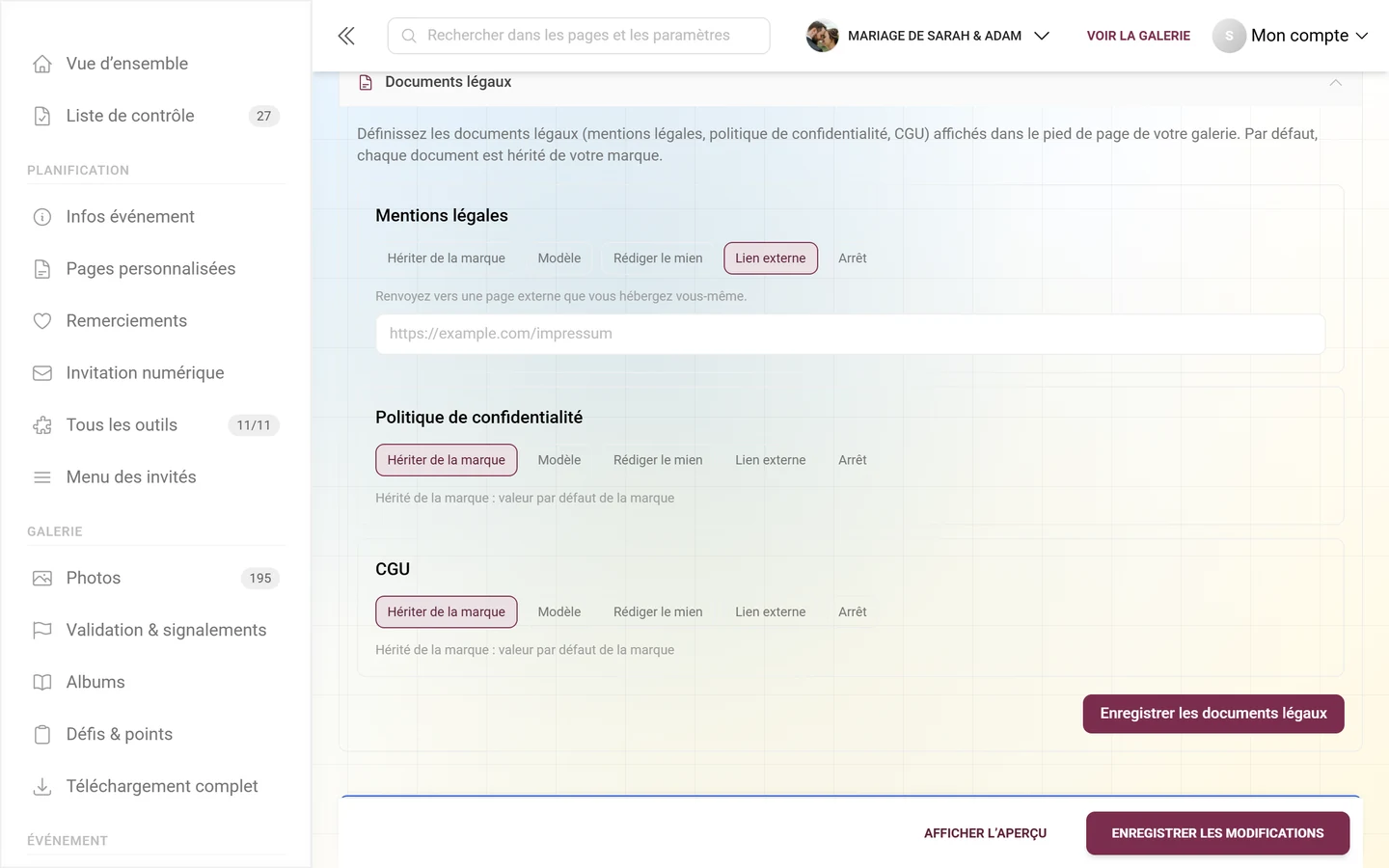 Carte Mentions légales en mode Lien externe avec le champ URL