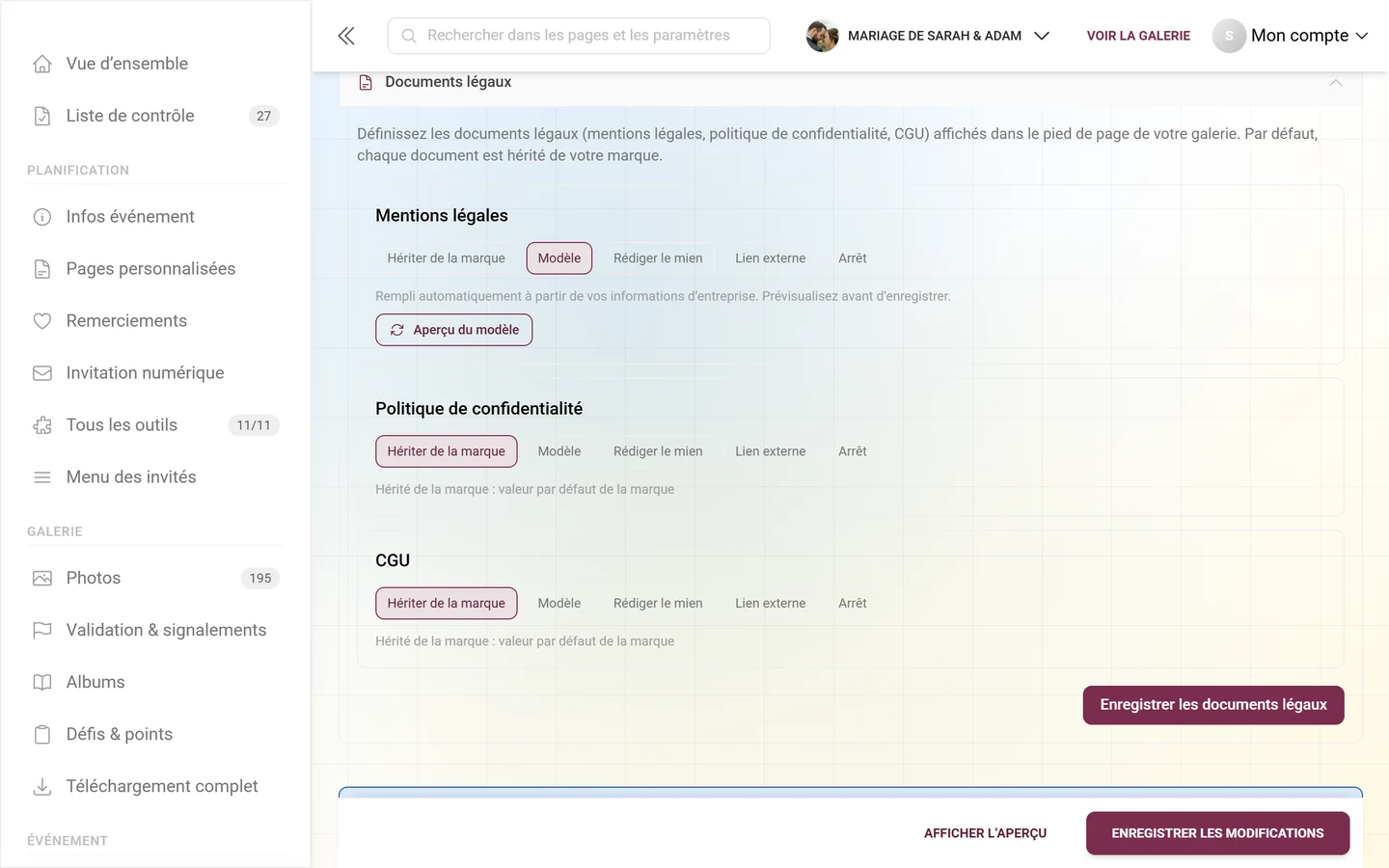 Carte Mentions légales en mode Modèle avec le bouton Aperçu du modèle
