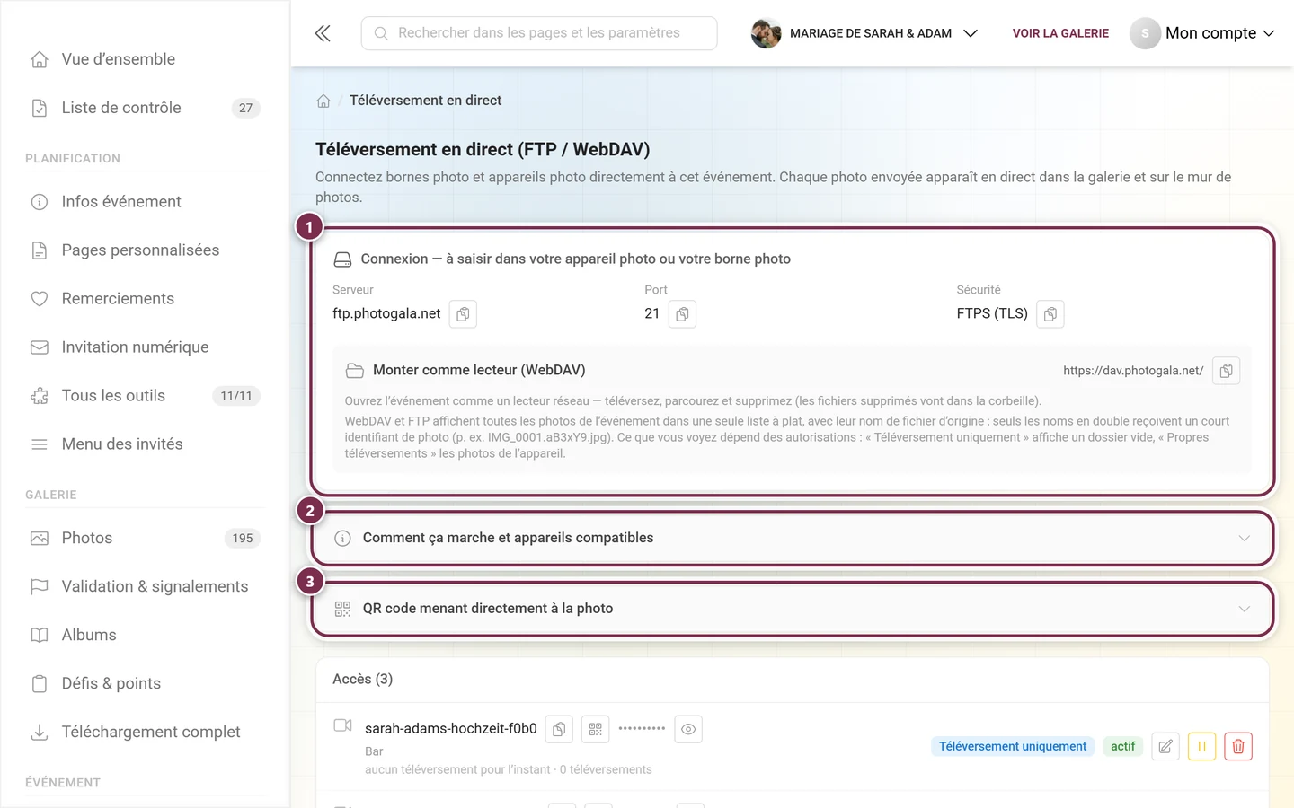Page Téléversement en direct avec la carte de connexion mise en évidence et les deux volets rétractables