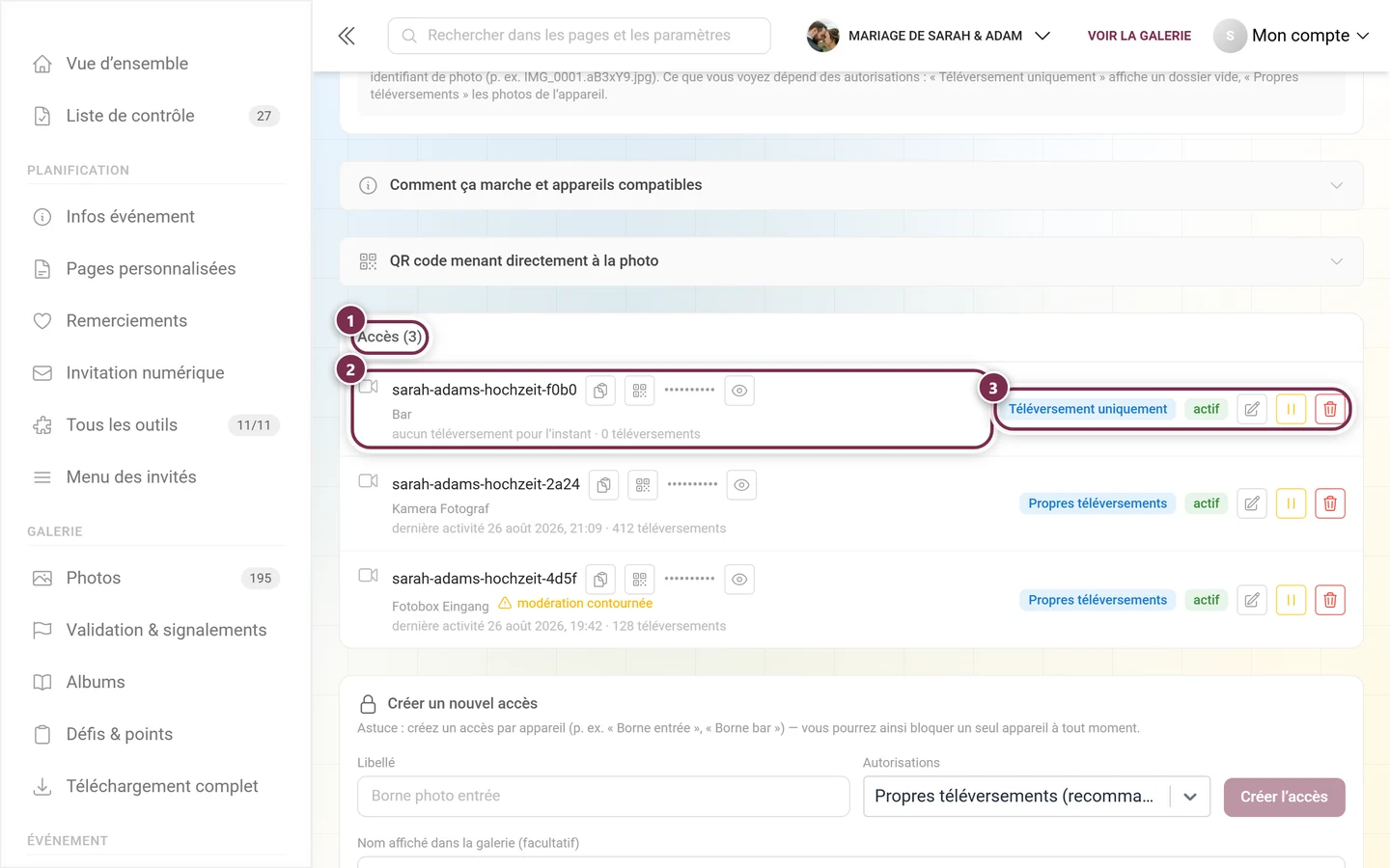 Liste des accès créés avec le titre et une ligne mis en évidence
