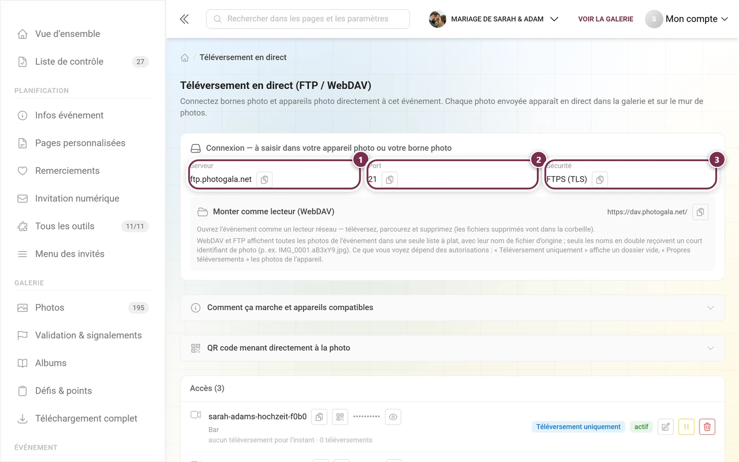 Carte de connexion avec les champs Serveur, Port et Sécurité mis en évidence