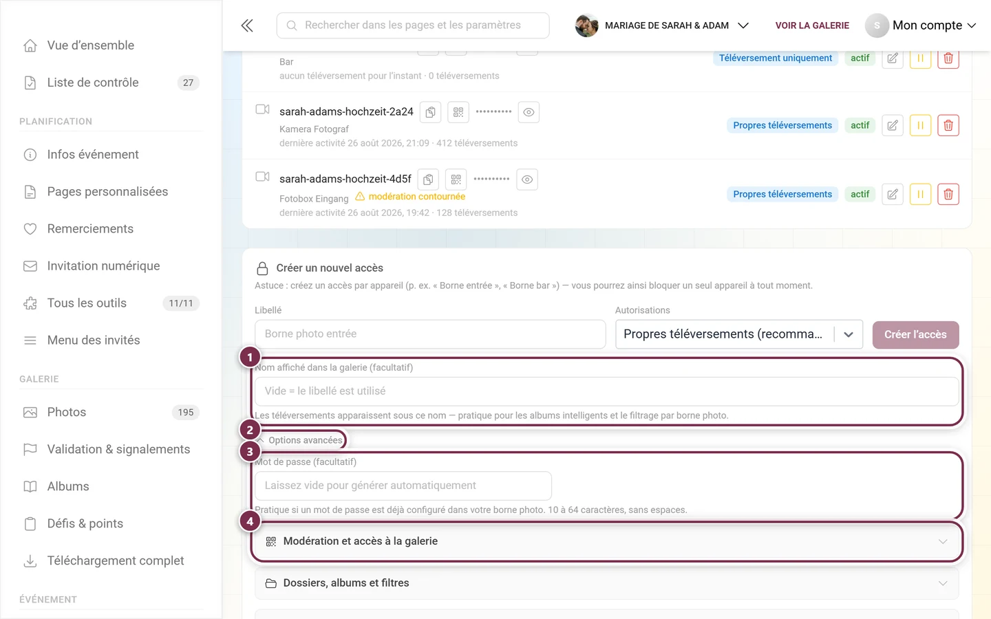 Formulaire de création d'un nouvel accès avec le nom affiché, le volet Options avancées, le champ mot de passe et le premier groupe d'options mis en évidence