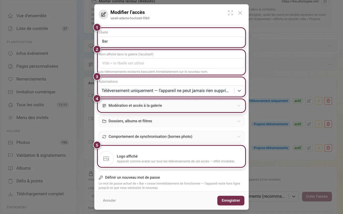Boîte de dialogue Modifier l'accès avec le libellé, le nom affiché, les autorisations, les trois groupes d'options, le logo affiché et la section Définir un nouveau mot de passe