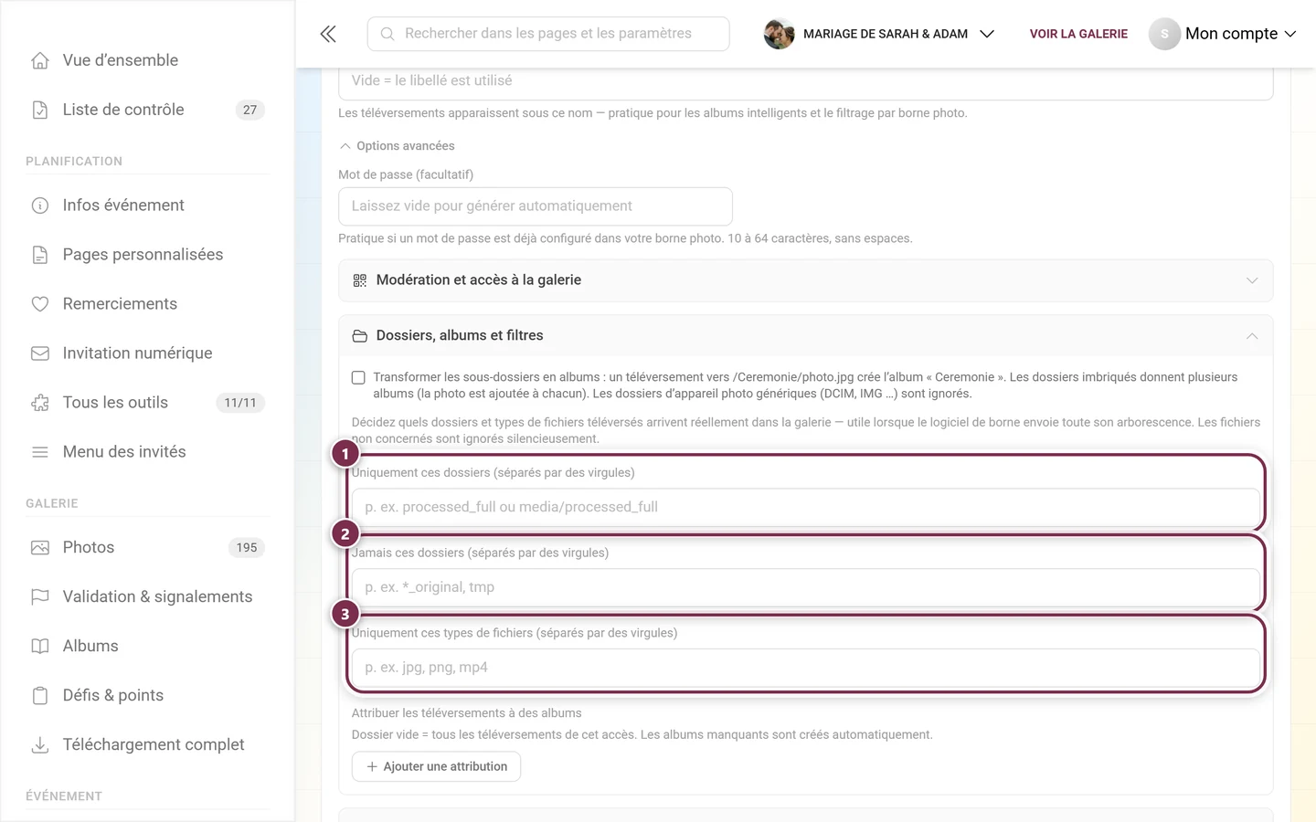 Groupe déplié Dossiers, albums et filtres avec les trois champs de filtre mis en évidence