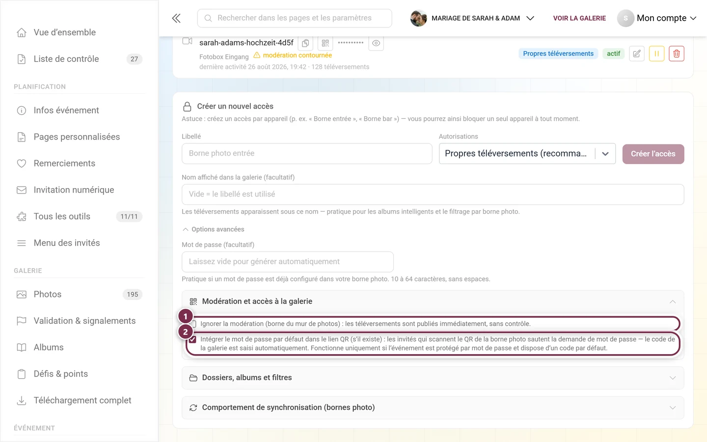 Groupe déplié Modération et accès à la galerie avec les deux cases à cocher mises en évidence
