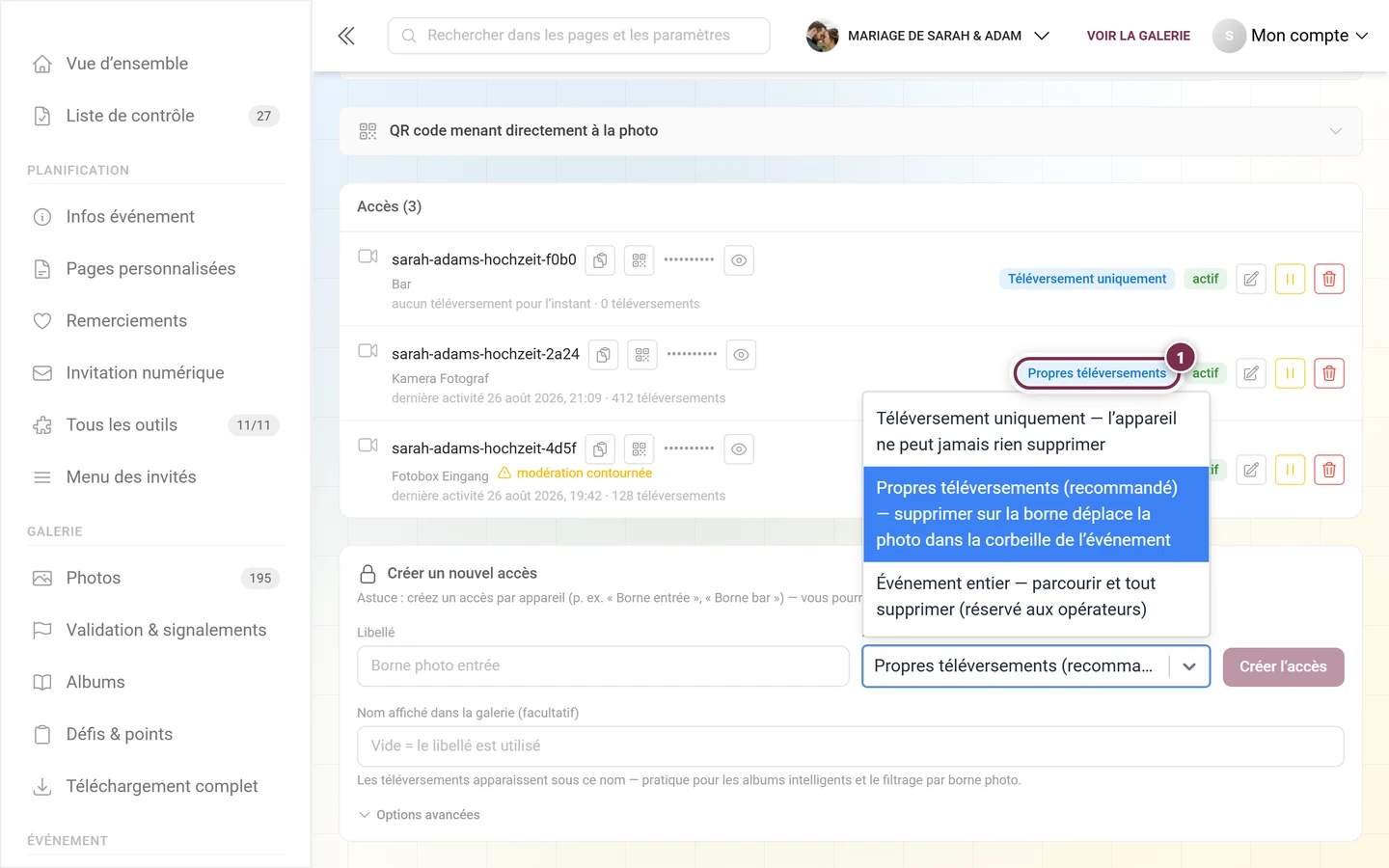 Menu déroulant Autorisations déplié dans le formulaire de création d'un nouvel accès, avec Propres téléversements (recommandé) mis en évidence