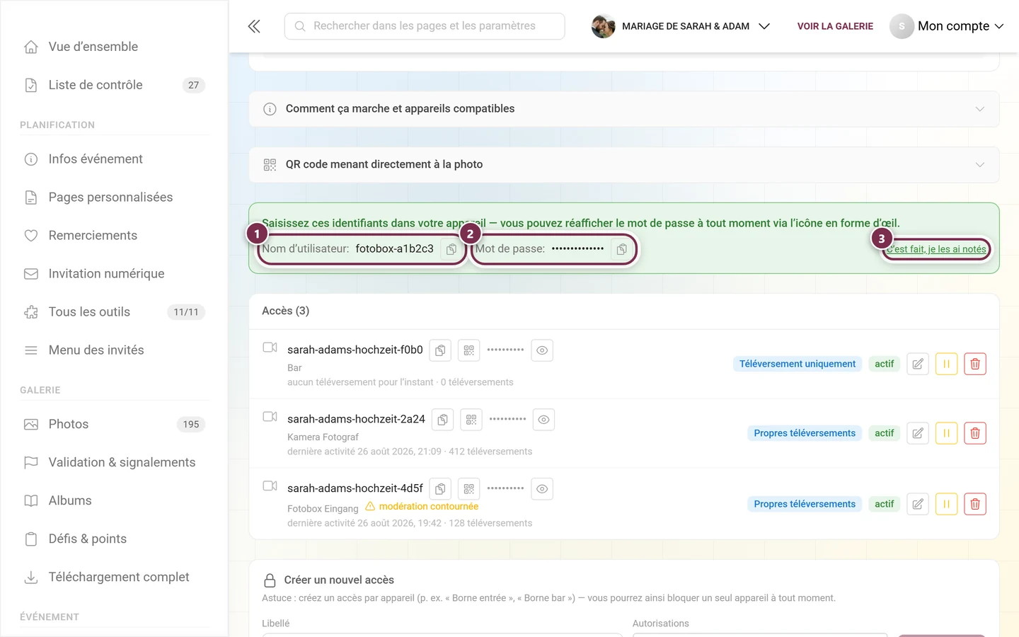 Panneau vert à usage unique avec le nom d'utilisateur, le mot de passe et le bouton de confirmation mis en évidence