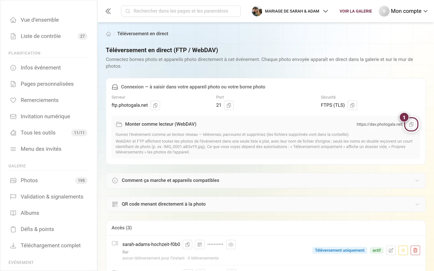Ligne Monter comme lecteur (WebDAV) avec le bouton de copie à côté de l'adresse mis en évidence