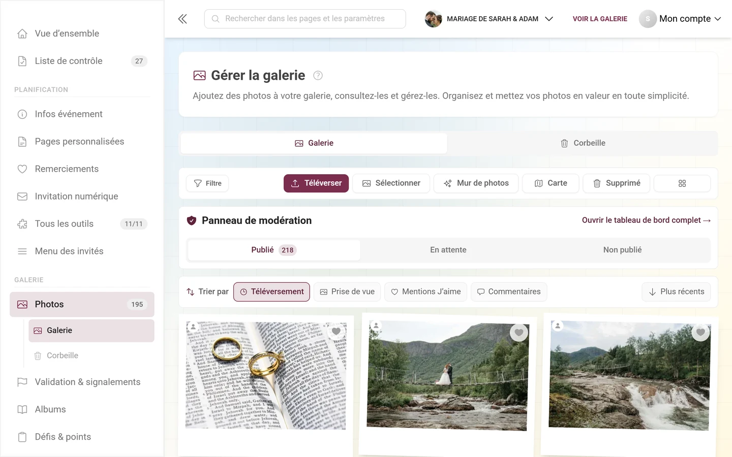 Page Gérer la galerie avec onglets, barre d'action, panneau de modération, barre de tri et grille de photos