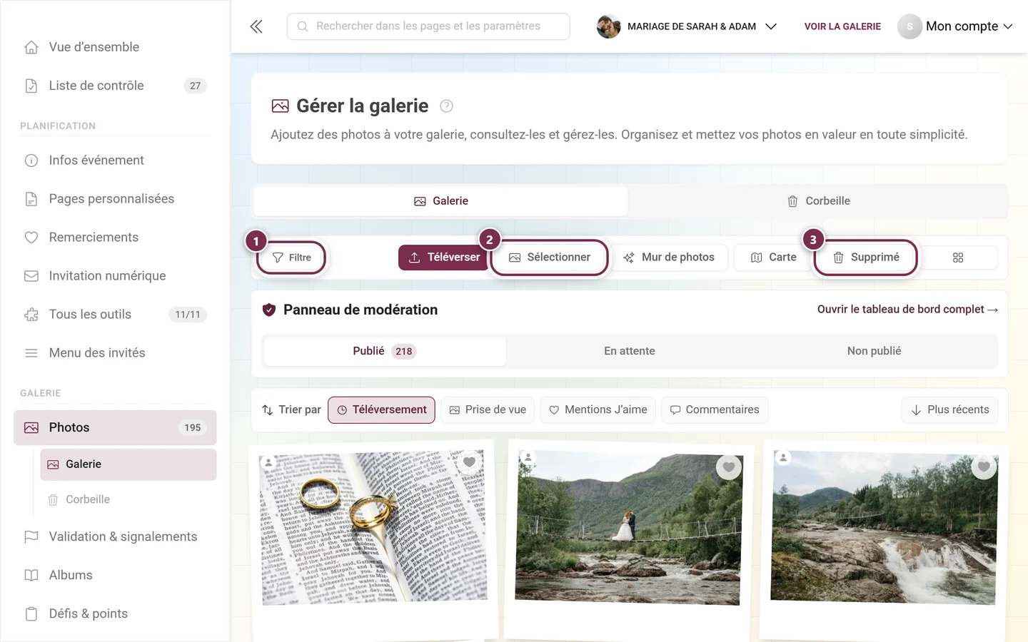 Barre d'action au-dessus de la galerie avec les trois boutons mis en évidence Filtre, Sélectionner et Supprimé