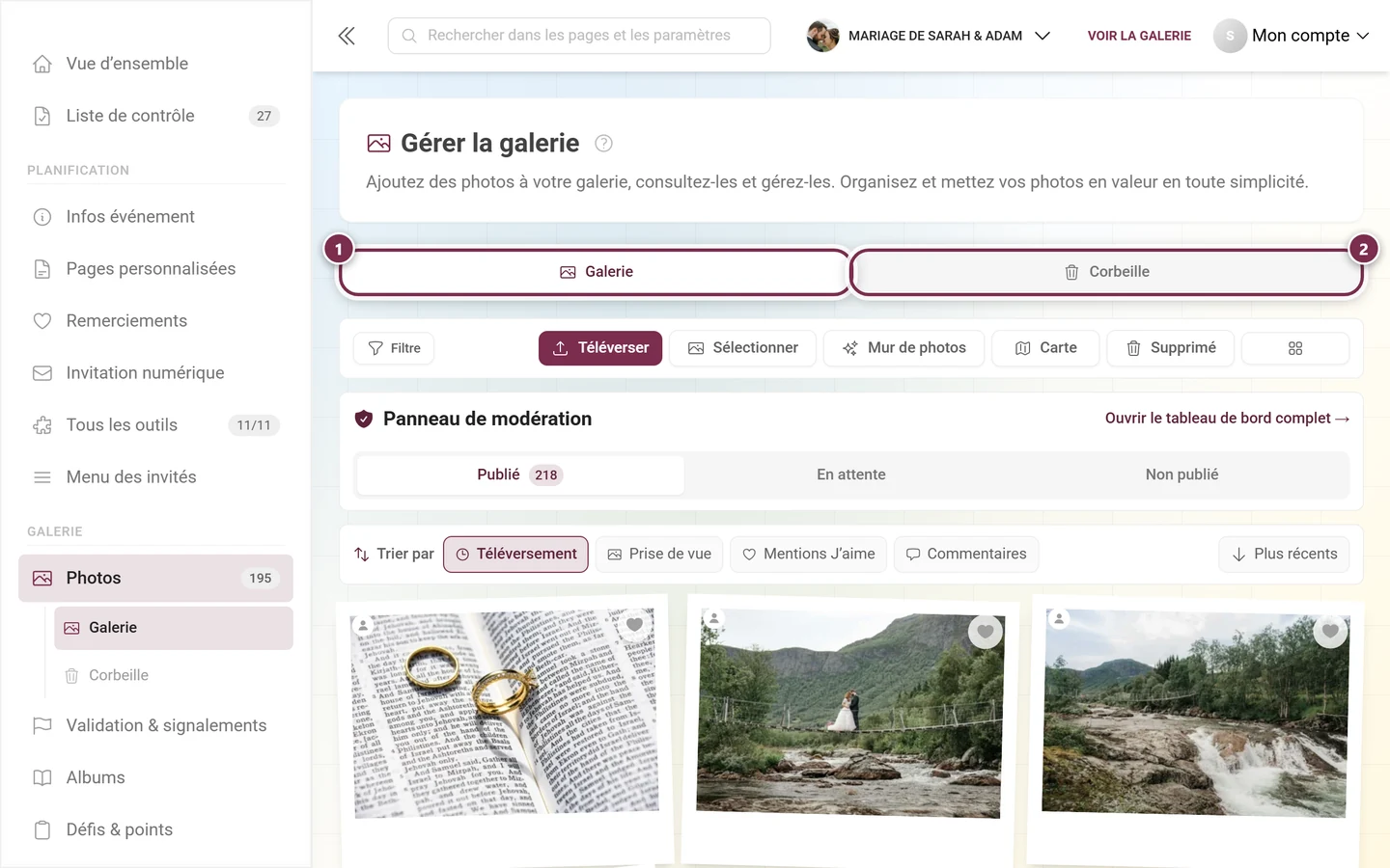 La barre d'onglets de la page avec les onglets Galerie et Corbeille mis en évidence