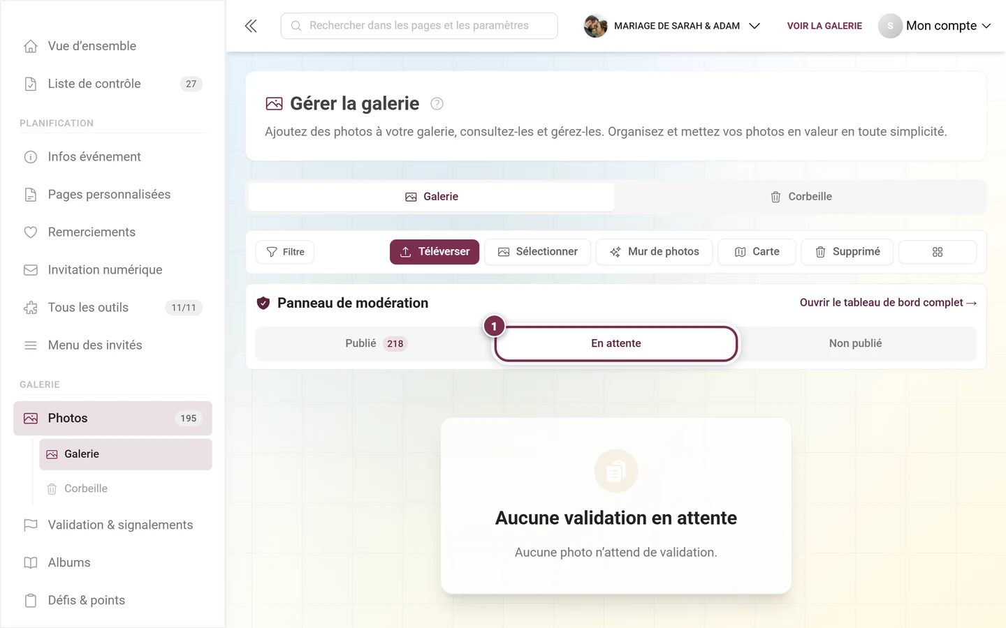 L'onglet En attente est mis en évidence, avec en dessous l'état vide Aucune validation en attente
