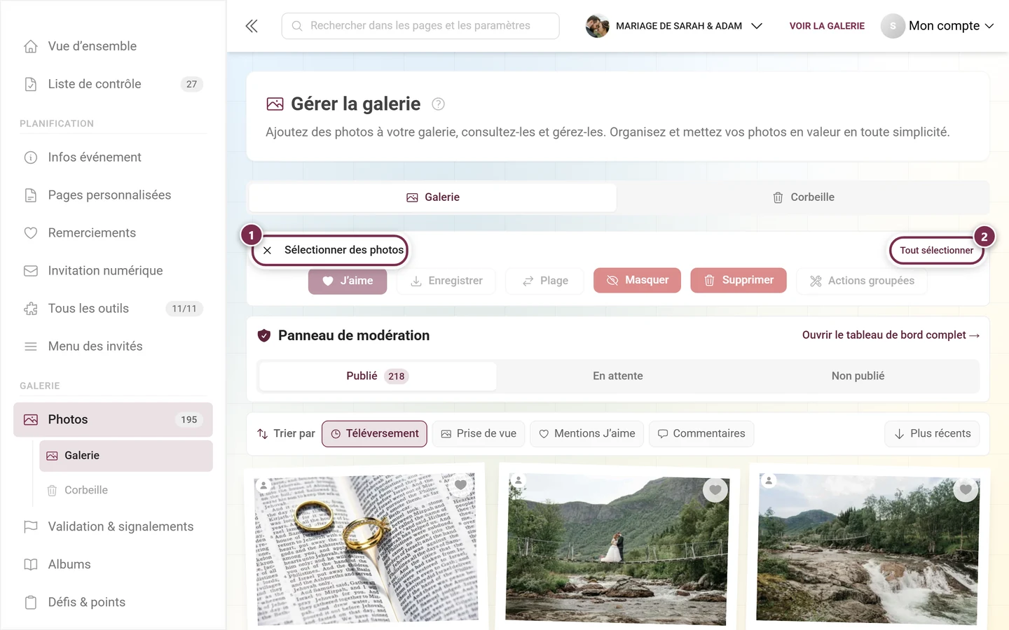 Barre de sélection avec le titre mis en évidence Sélectionner des photos et le bouton mis en évidence Tout sélectionner
