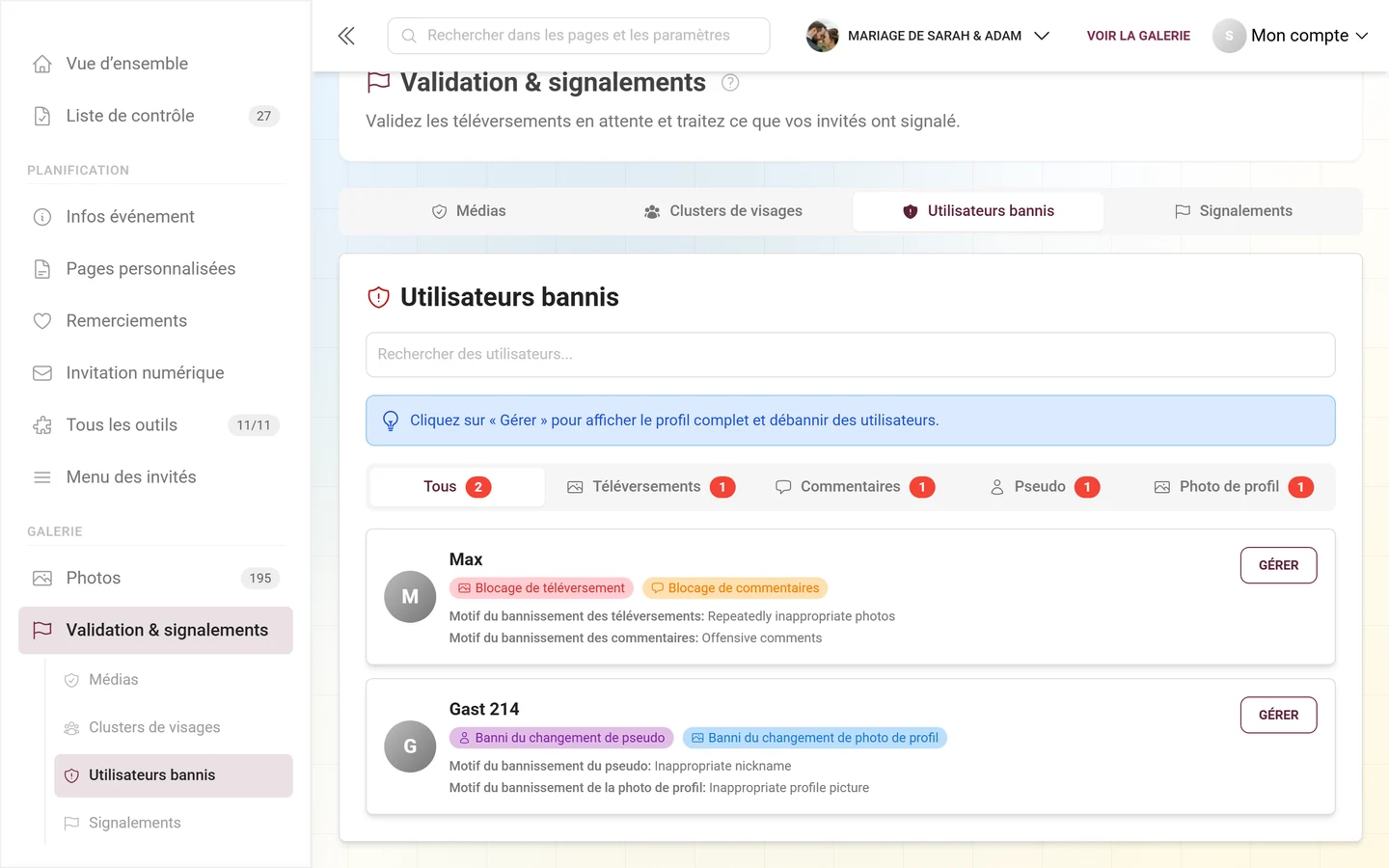 Onglet Utilisateurs bannis avec des sous-onglets et les personnes bannies avec leurs badges de bannissement
