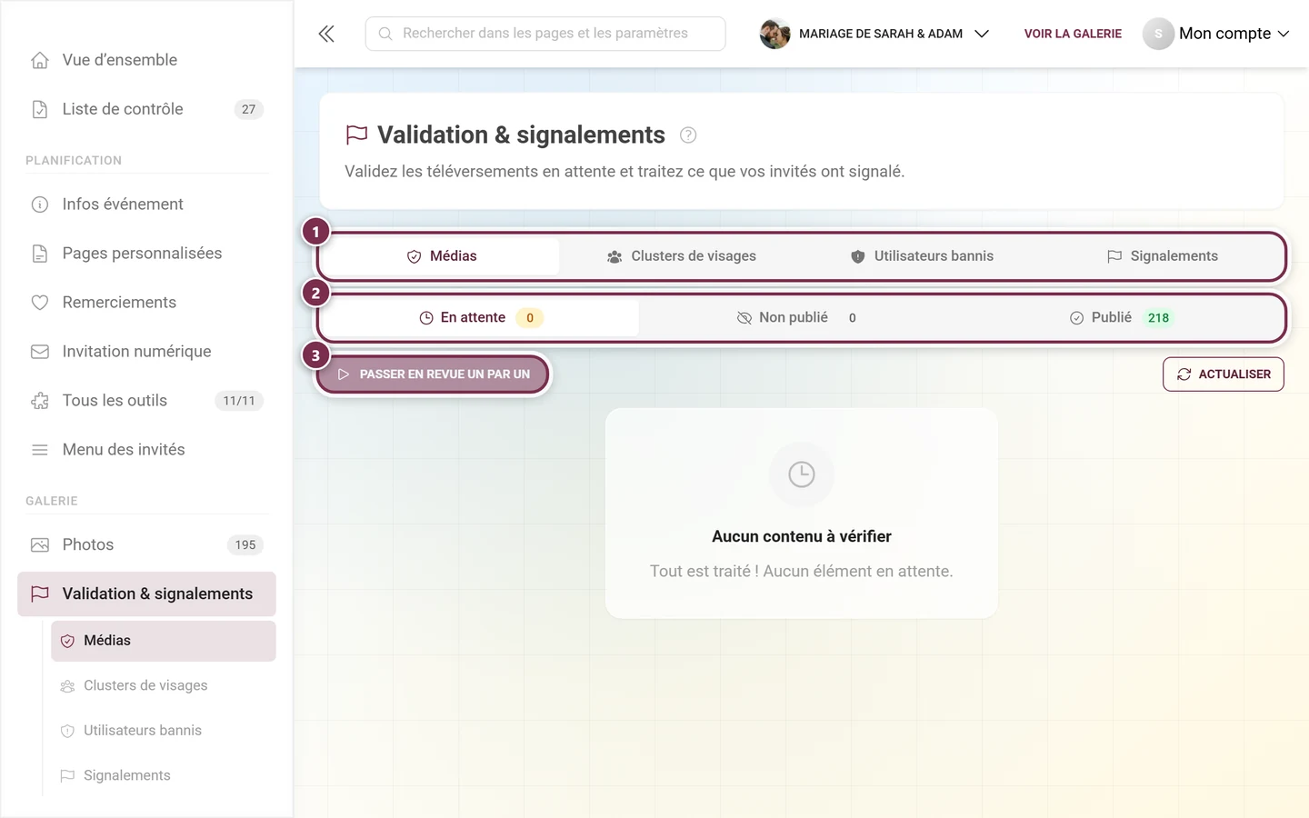 Page Validation et signalements dans l'espace d'administration avec les onglets Médias, Utilisateurs bannis et Signalements
