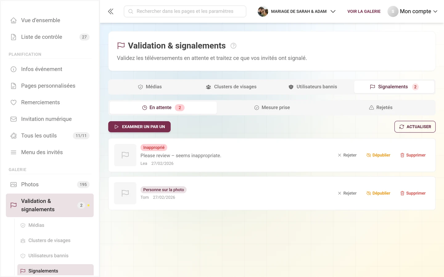 Onglet Signalements avec le contenu signalé, les badges de motif et les actions Rejeter, Dépublier et Supprimer