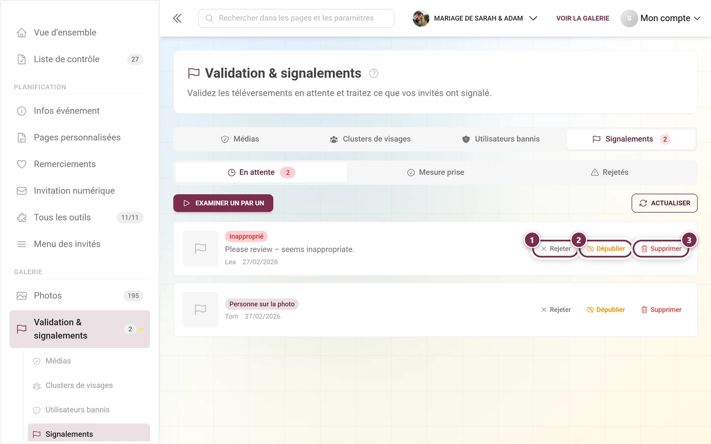 Ligne d'un signalement ouvert avec les trois boutons Rejeter, Masquer et Supprimer
