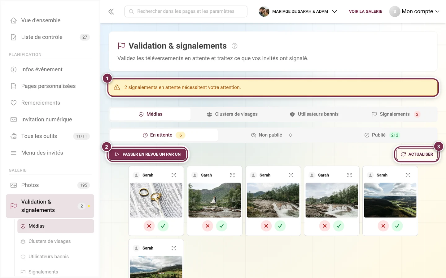 Haut de la page de modération avec la bannière d'avertissement jaune, la ligne d'onglets, les onglets de statut et la barre d'outils