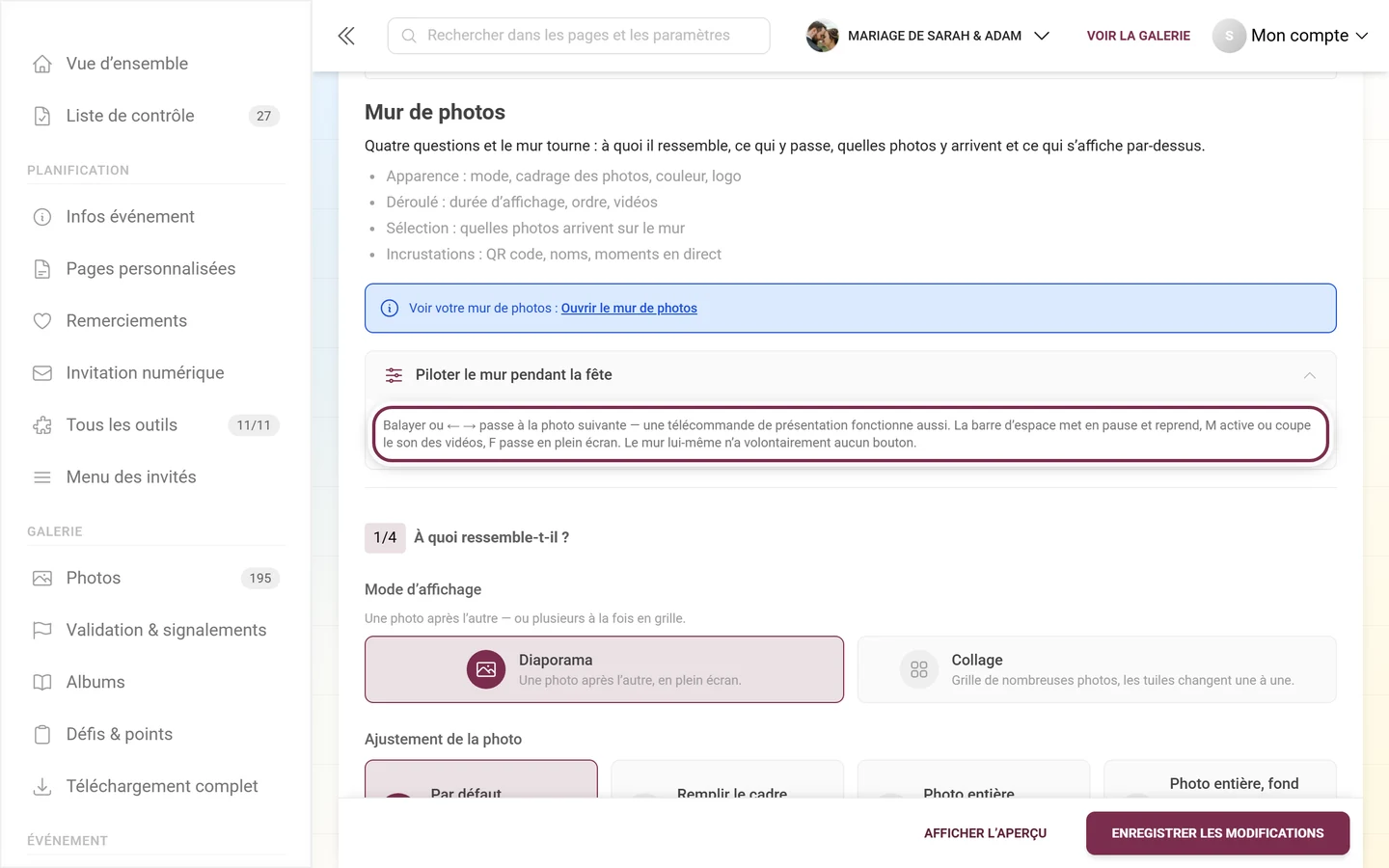 Section dépliée Piloter le mur pendant la fête avec les raccourcis clavier