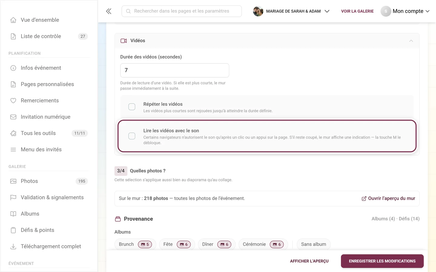 Section Vidéos dépliée avec l'interrupteur Lire les vidéos avec le son mis en évidence