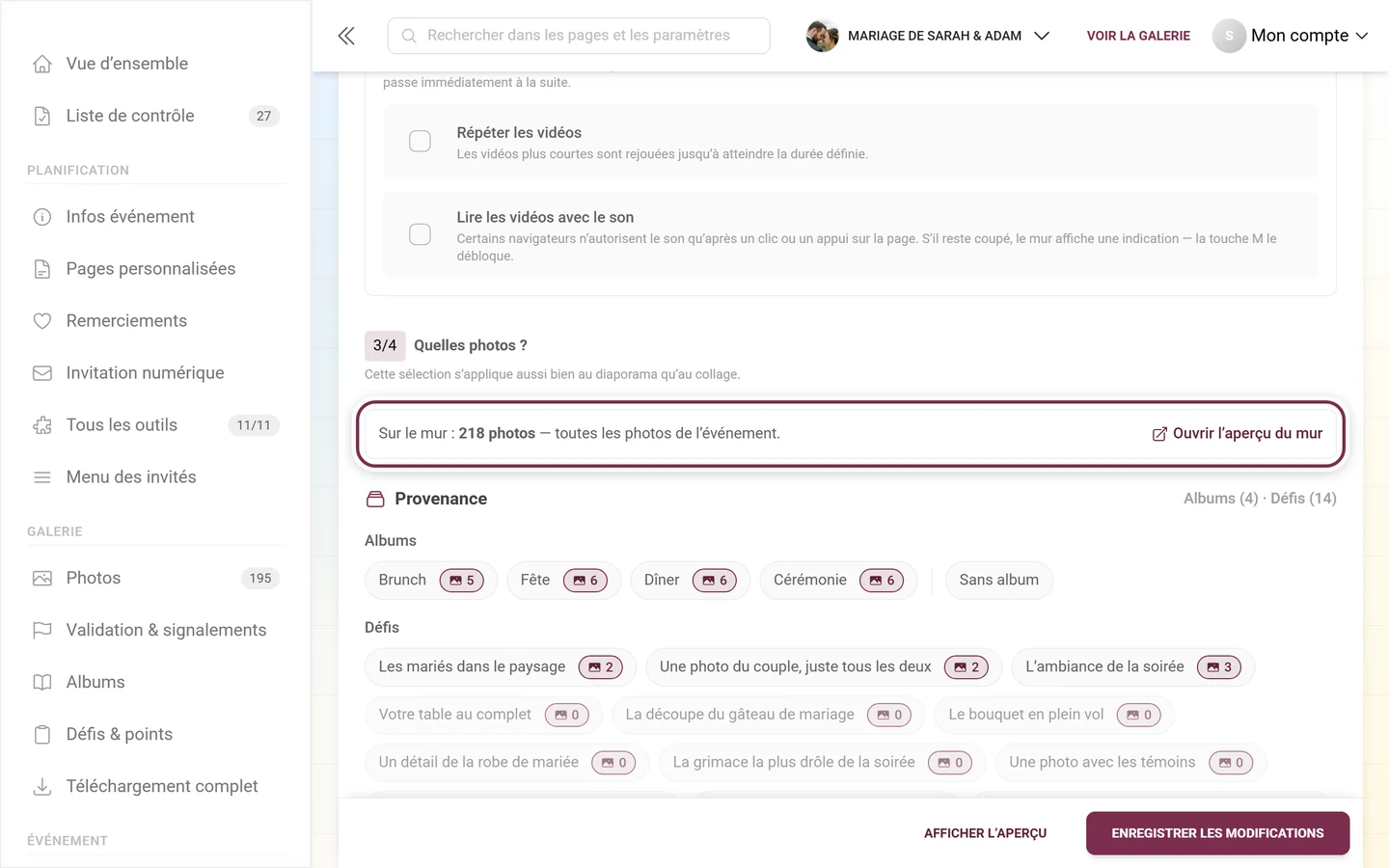 En-tête de la question Quelles photos avec la ligne Sur le mur et les restrictions actives