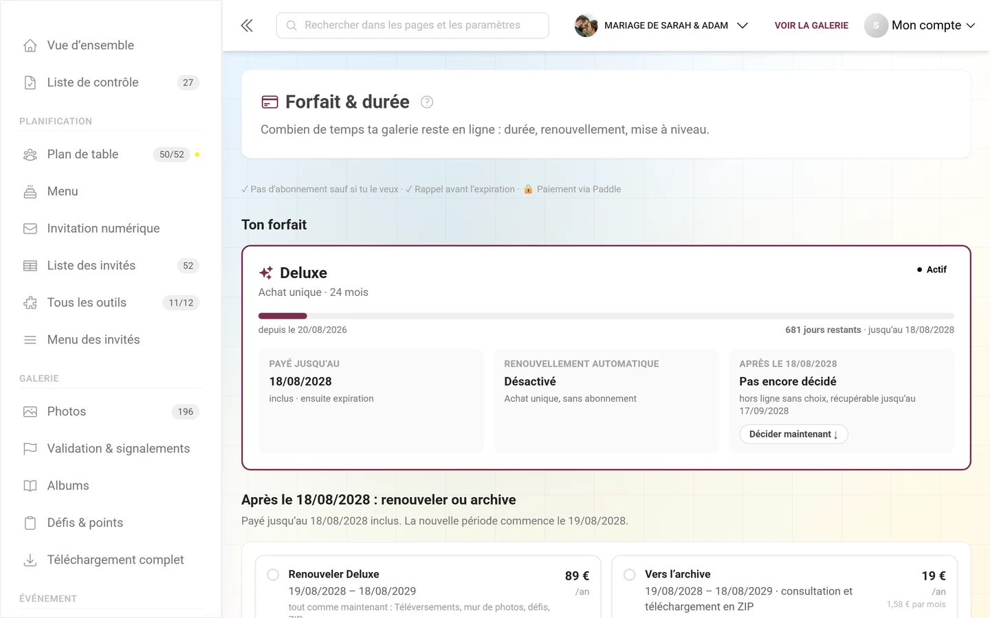 Section forfaits avec le plan actuel et les fonctionnalités incluses