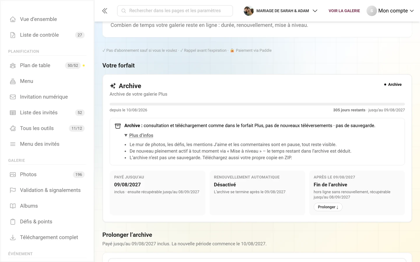 Carte Votre forfait dans l'archive avec un cadre violet, la pastille Archive, la barre de durée et la mention dépliée sur l'archive