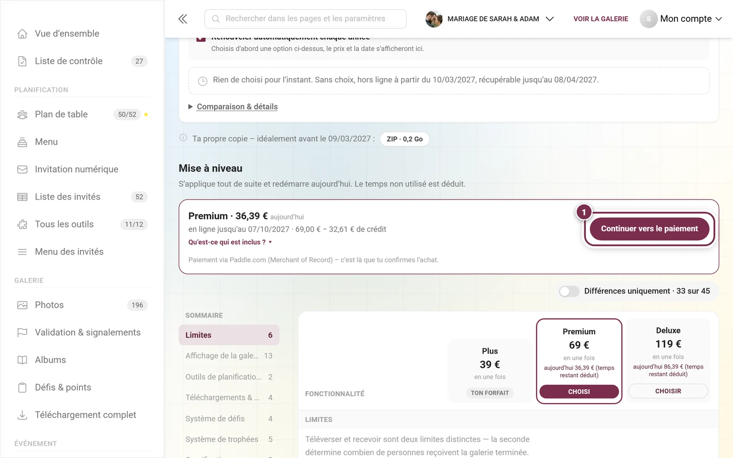 Barre d'achat sous le tableau comparatif avec le forfait, le montant du jour et le bouton mis en évidence Continuer vers le paiement
