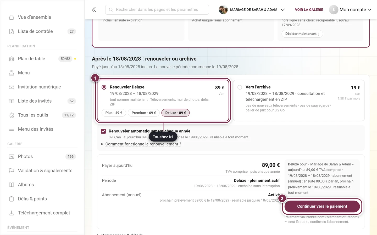 Bloc Après le date : renouveler ou archive avec la vignette Renouveler le forfait sélectionnée, le récapitulatif et le bouton Continuer vers le paiement