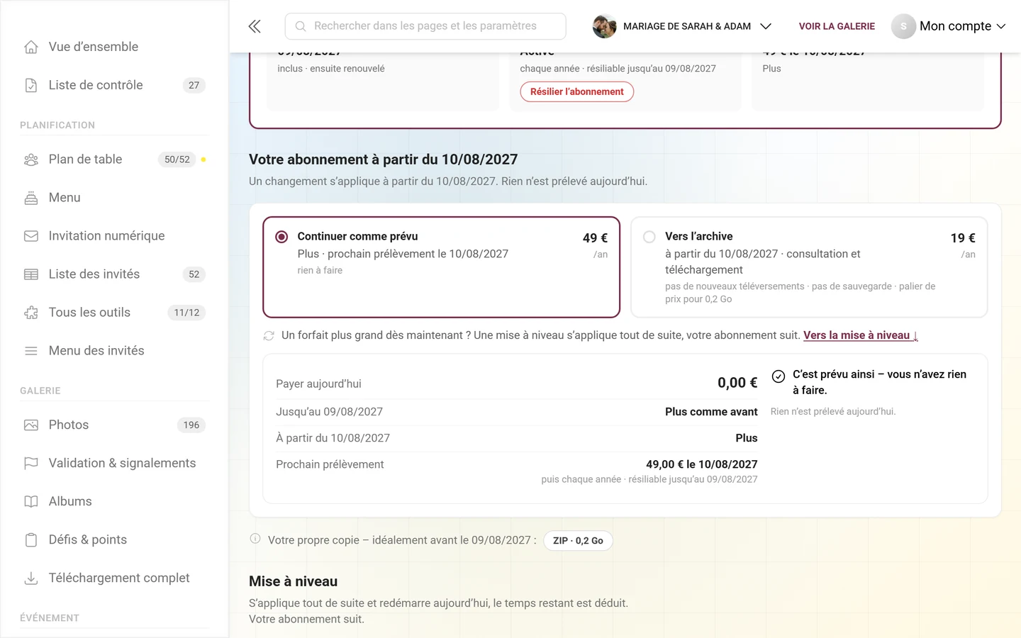Bloc Votre abonnement à partir du date avec les vignettes Continuer comme prévu et Archive