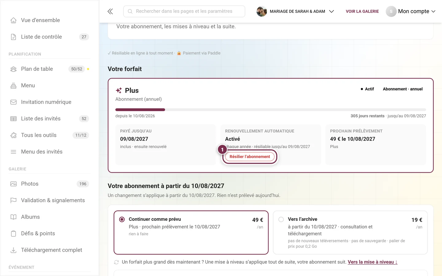Carte Votre forfait avec les pastilles Actif et Abonnement · annuel, les vignettes Renouvellement automatique Activé et Prochain prélèvement ainsi que le bouton Résilier l'abonnement