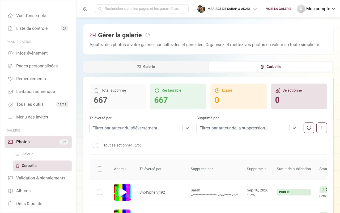 Vue de la corbeille avec des tuiles statistiques et une liste des photos supprimées