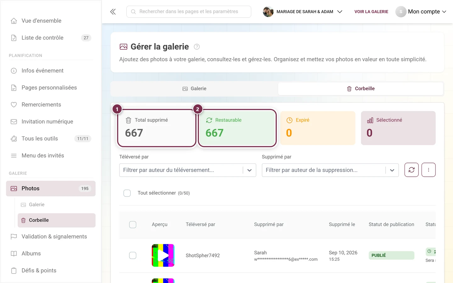 Tuiles statistiques de la corbeille, avec Total supprimé et Restaurable mis en évidence