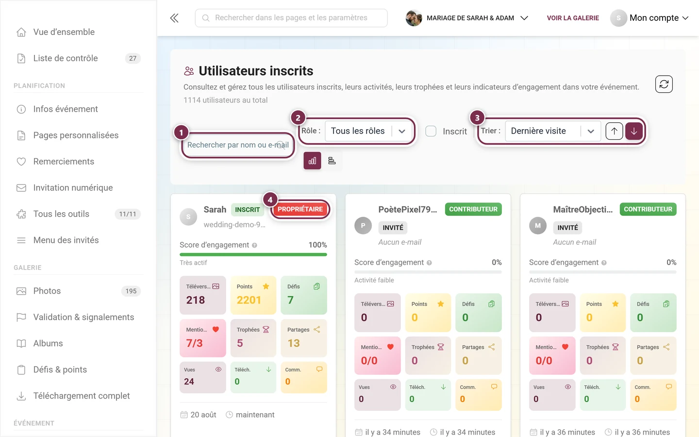 Gestion des participants avec le champ de recherche, le filtre de rôle, le tri et le badge de rôle mis en évidence