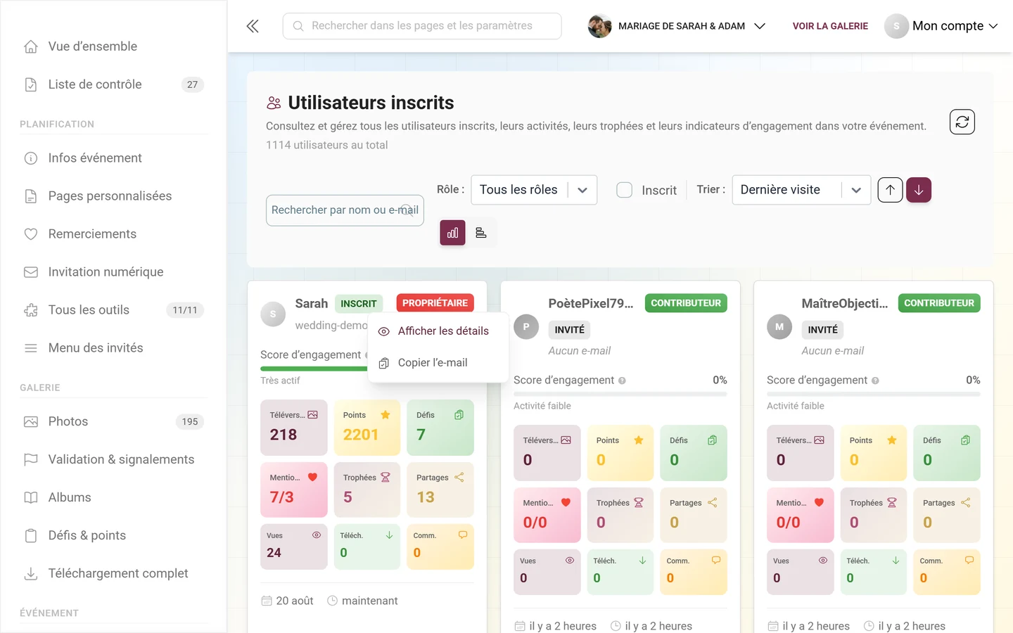 Menu contextuel sur une carte de participant avec Afficher les détails et Copier l'e-mail