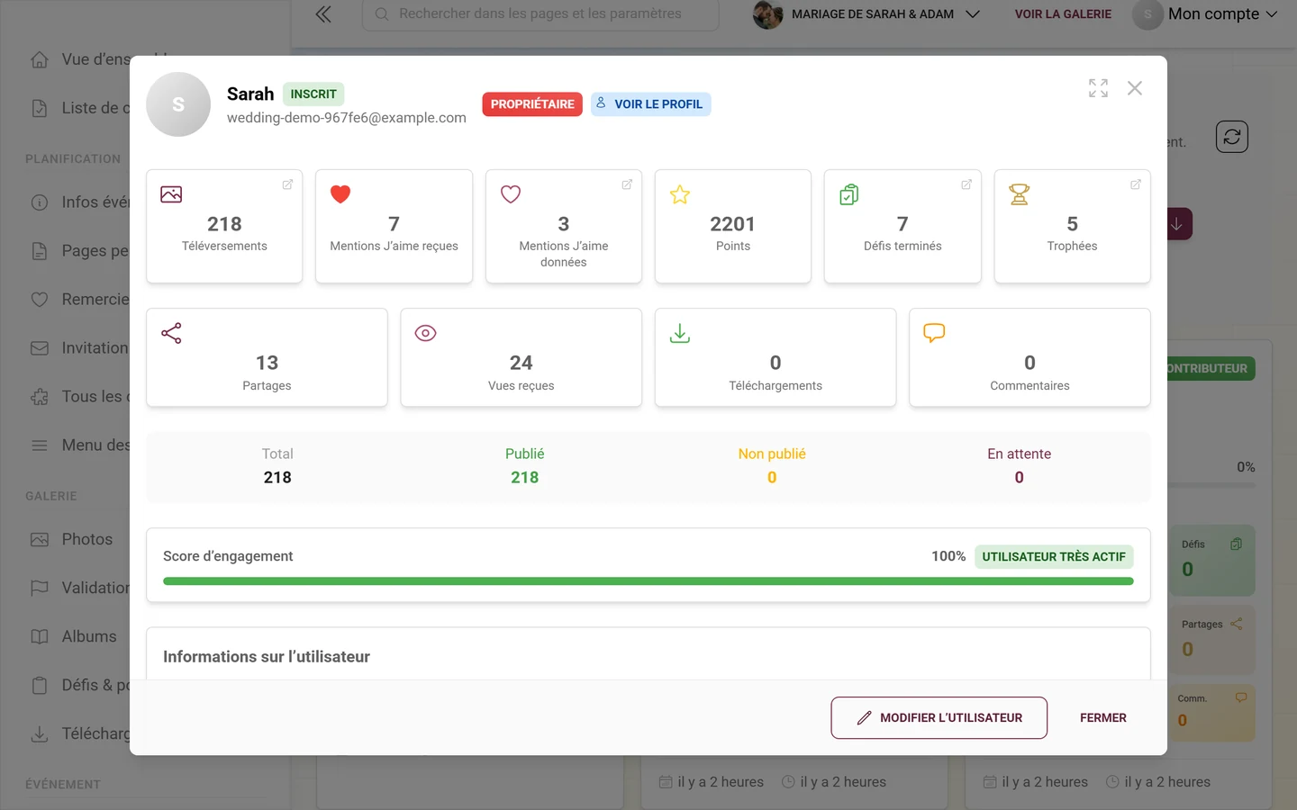 Fenêtre de détail d'un utilisateur avec des tuiles de statistiques, un aperçu des téléversements et une barre d'engagement