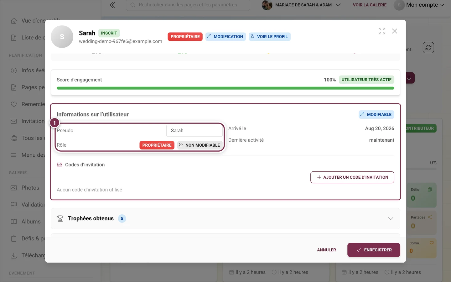 Fenêtre de détail d'un participant en mode édition avec la ligne du rôle mise en évidence