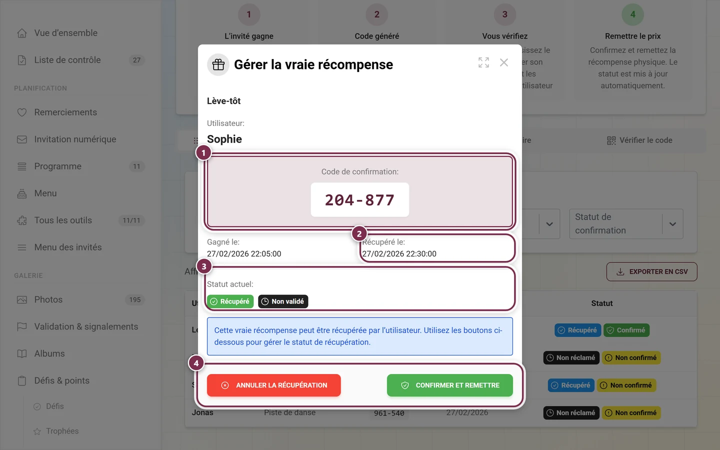 Dialog Echte Belohnung verwalten mit markiertem Code, Abholdatum, Status-Chips und den beiden Schaltflaechen