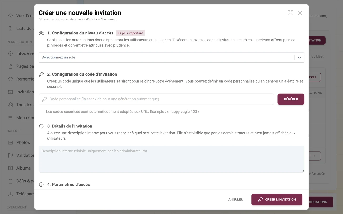 Fenêtre de création d'une invitation avec sélection de rôle et code d'invitation