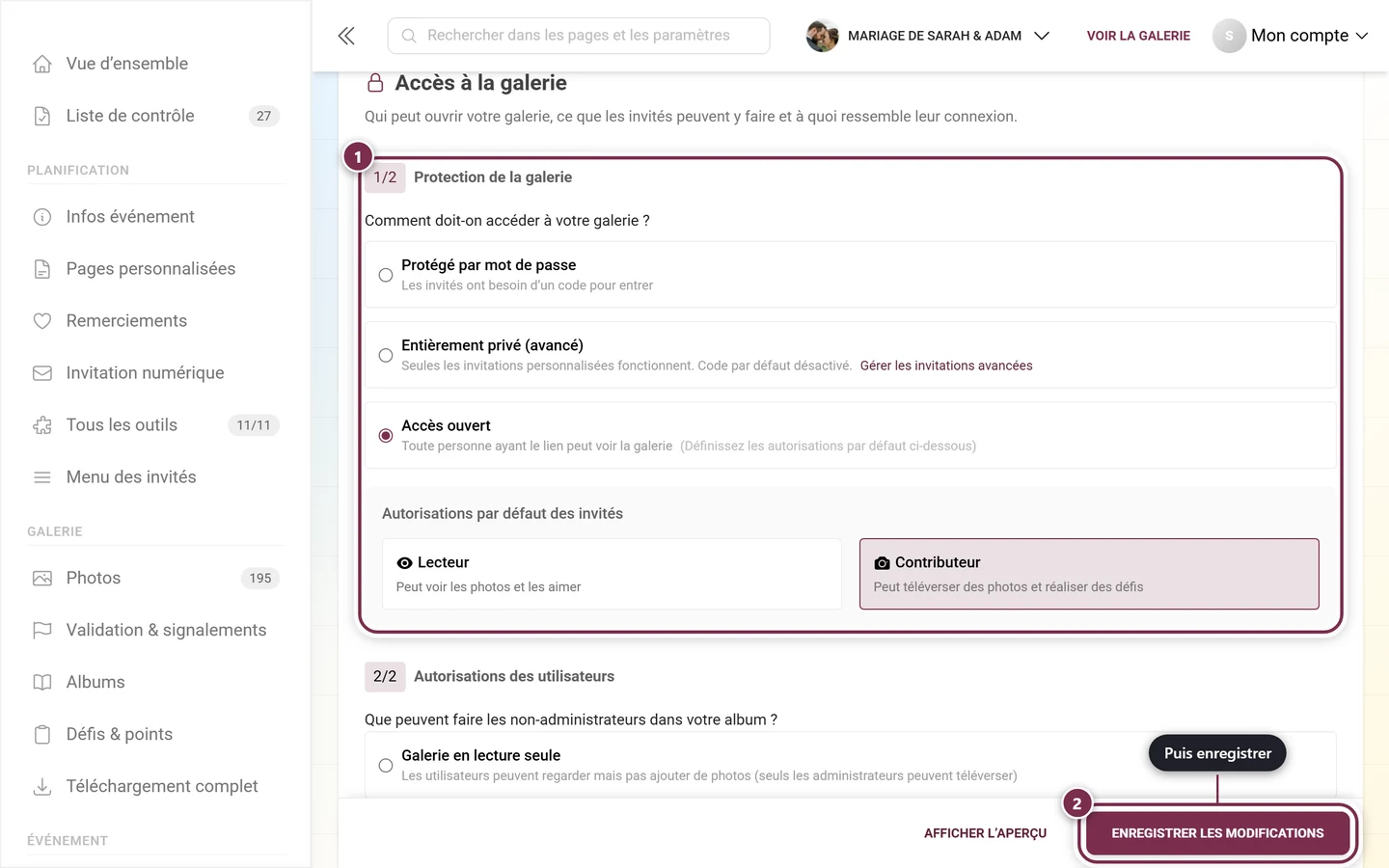 Section Protection de la galerie dans l'onglet Accès avec repère et barre d'enregistrement