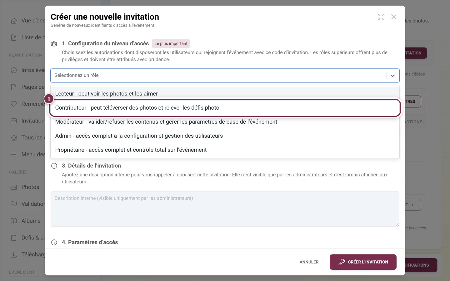 Sélecteur de rôle déplié dans la fenêtre d'invitation avec l'entrée Contributeur mise en évidence