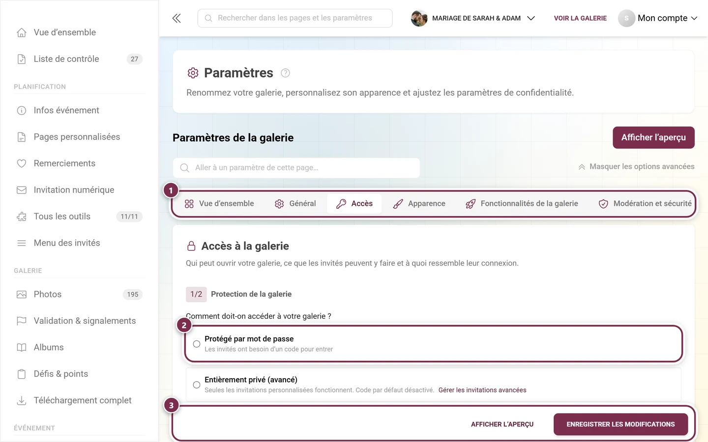 L'onglet Accès des paramètres de la galerie avec Protection de la galerie, Mode de la galerie et Codes d'invitation