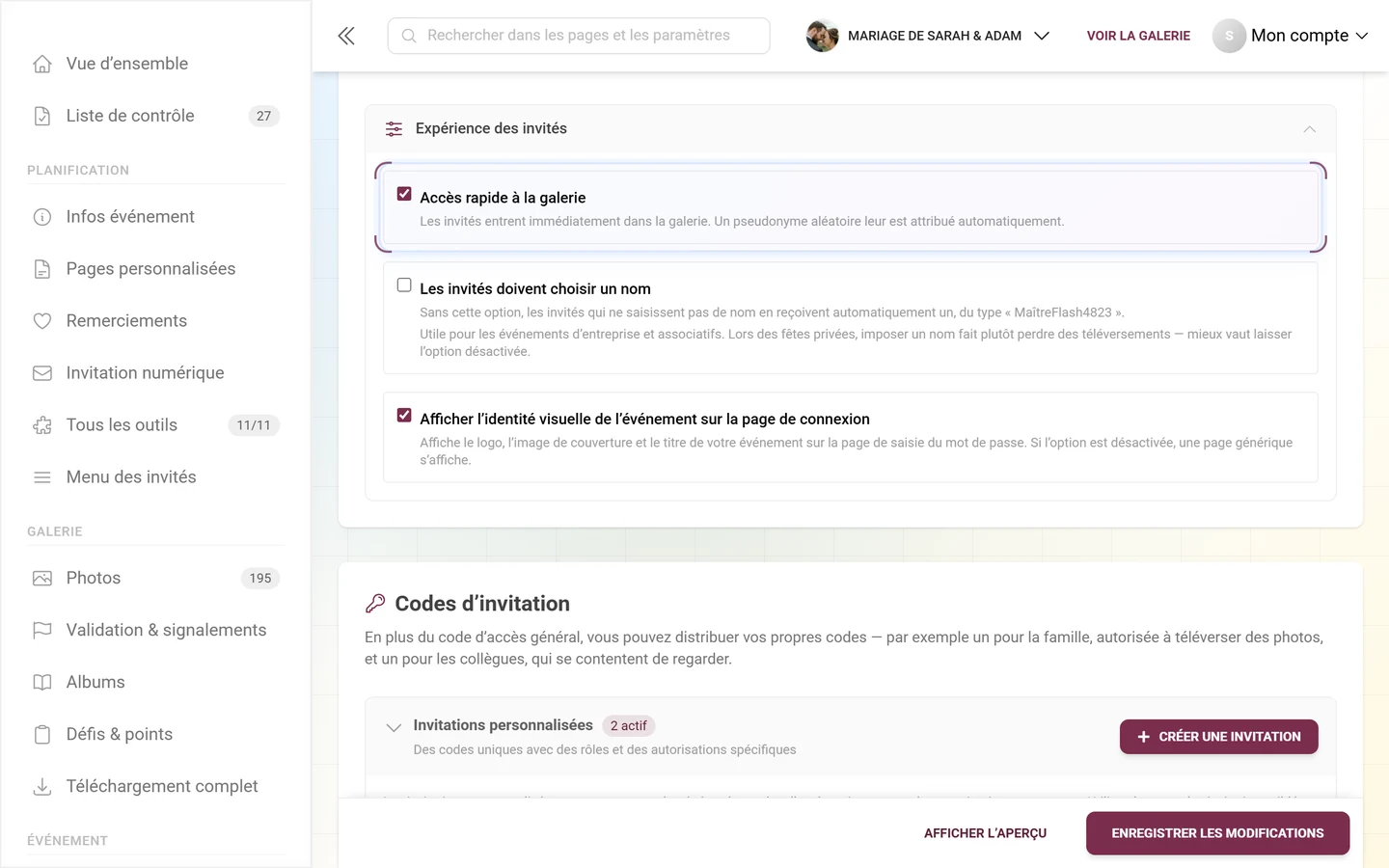 Bloc dépliable Expérience des invités ouvert, avec les cases Accès rapide à la galerie, Les invités doivent choisir un nom et Afficher l'identité visuelle de l'événement sur la page de connexion