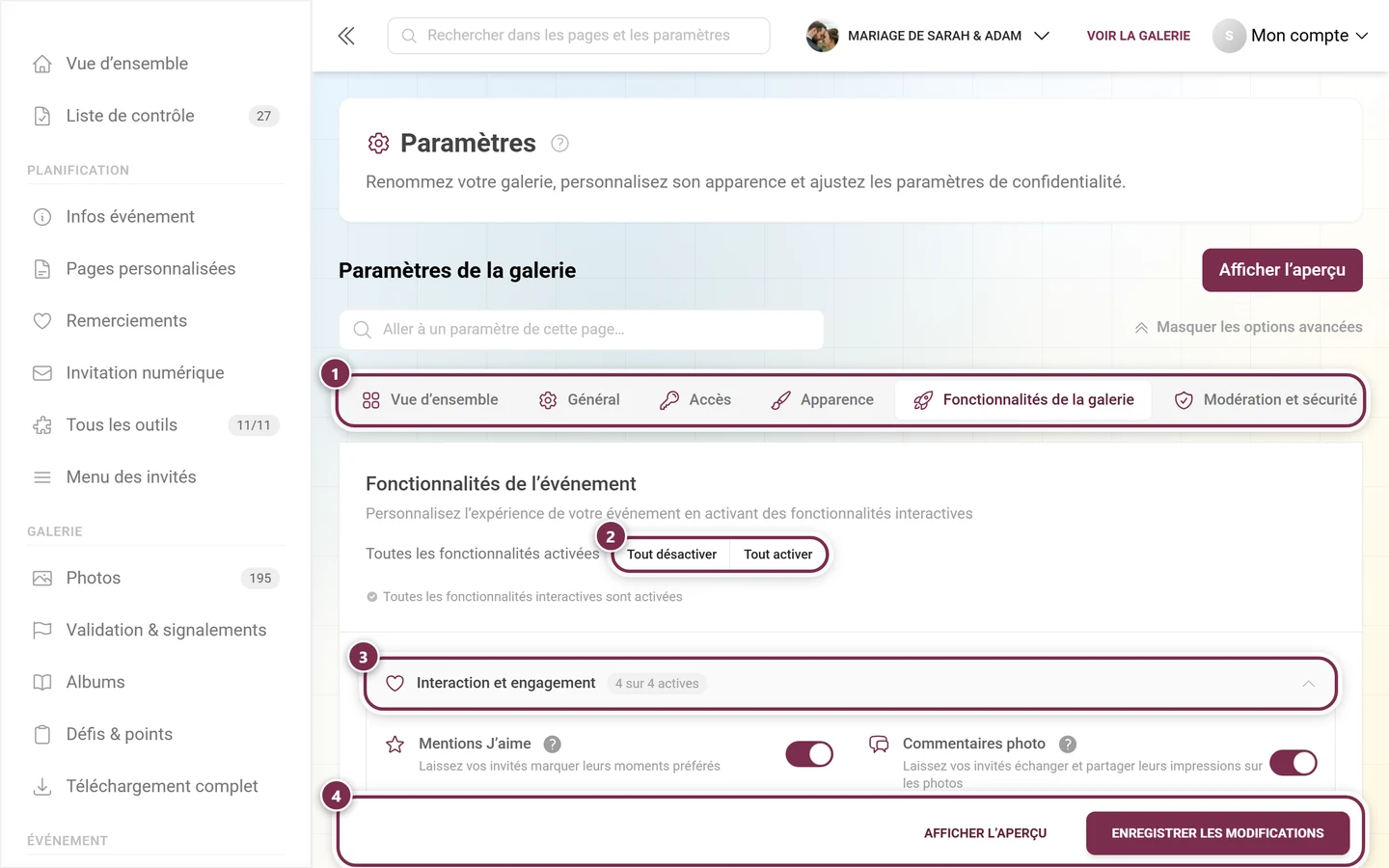 L'onglet Fonctionnalités de la galerie avec des sections en accordéon et des interrupteurs pour les mentions J'aime, les commentaires, les téléchargements et plus encore