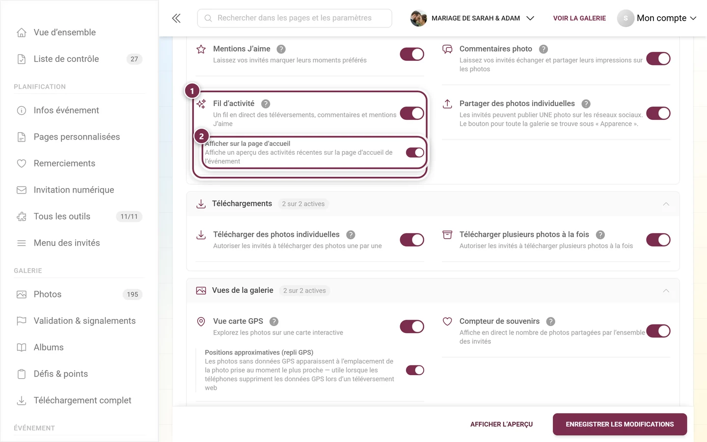 Paramètres des fonctionnalités avec la carte Fil d'activité mise en évidence et le sous-interrupteur Afficher sur la page d'accueil