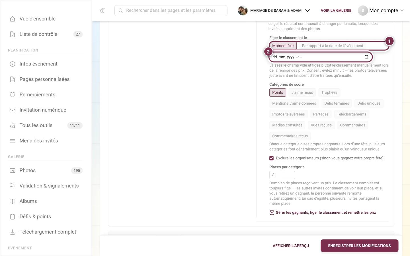 Les deux modes Moment fixe et Par rapport à la date de l'événement, avec le champ de date en dessous