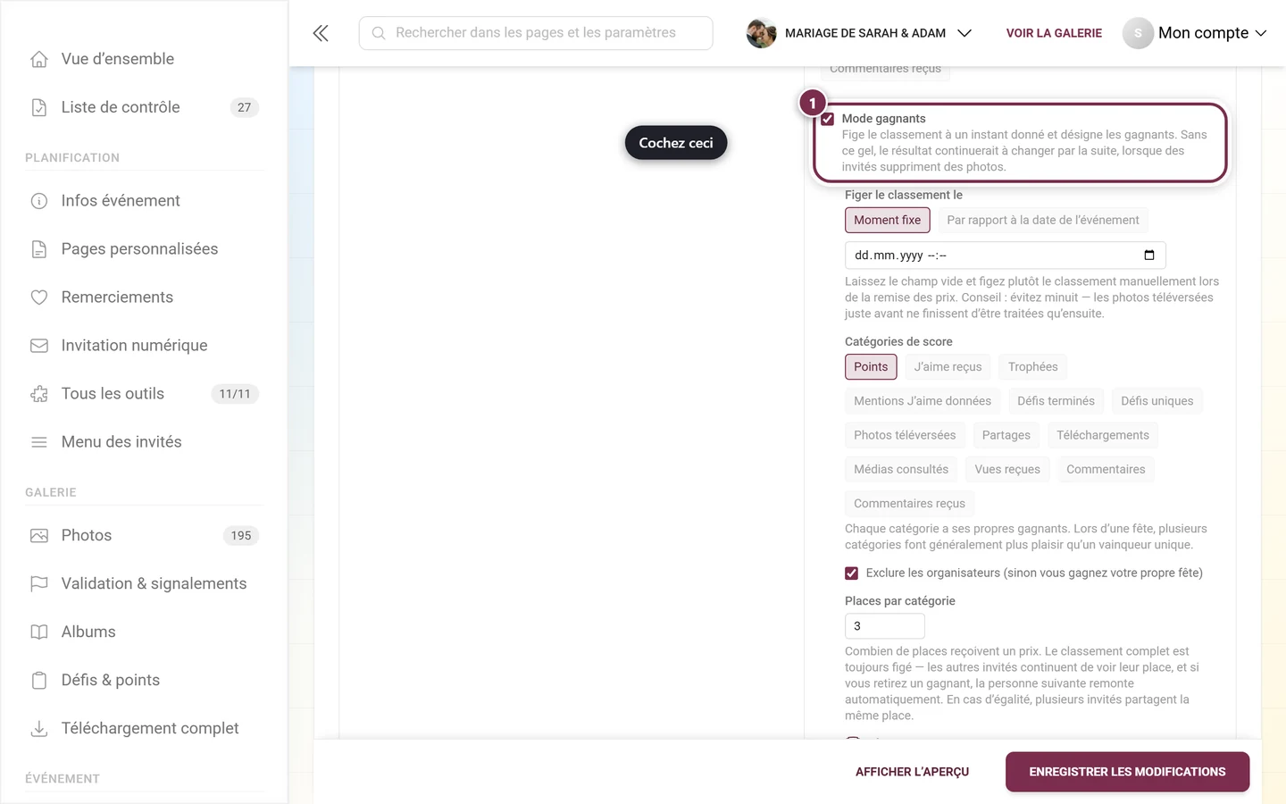 La case Mode gagnants dans la carte Classement, avec le texte explicatif en dessous